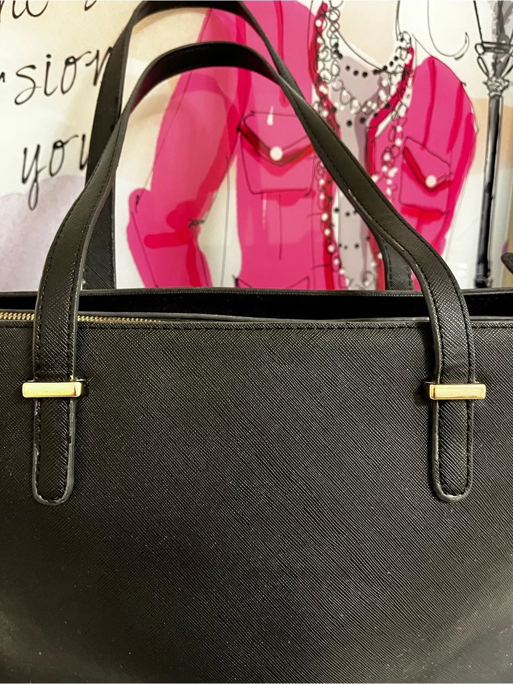 kate spade Black Saffiano Tote with Gold Logo Accents